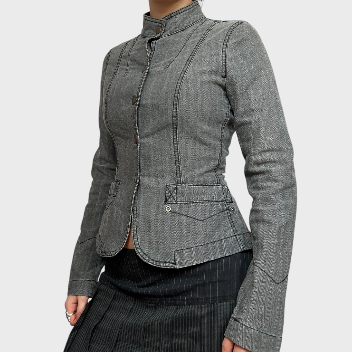 Vintage Grey Fitted Button High Neck Jacket