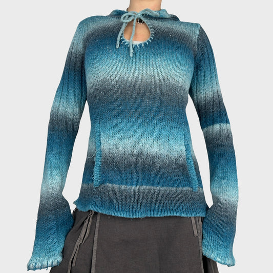 Blue Striped Knit Hoodie - S