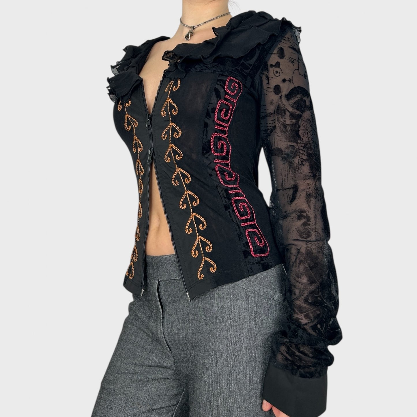 Save the Queen Double-Zip Long Sleeve Mesh Top