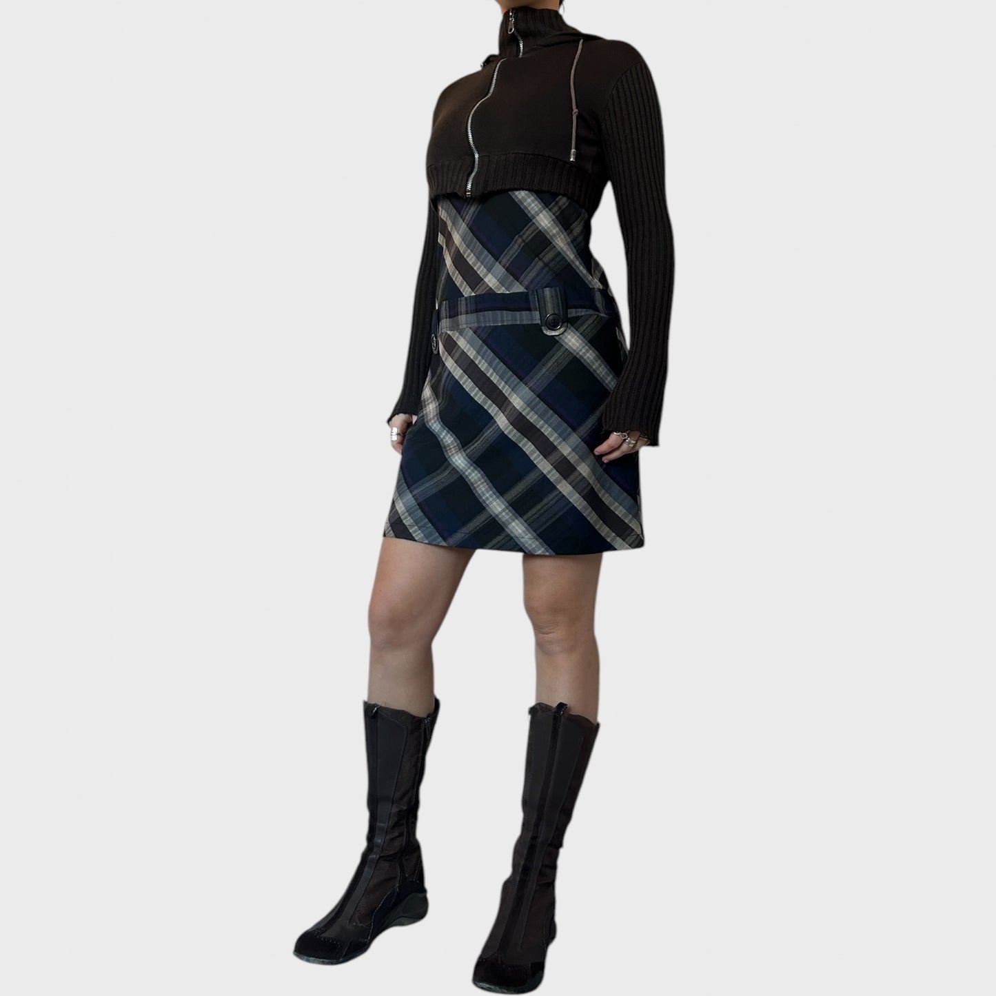Checkered/Plaid Navy and Grey Mini Dress