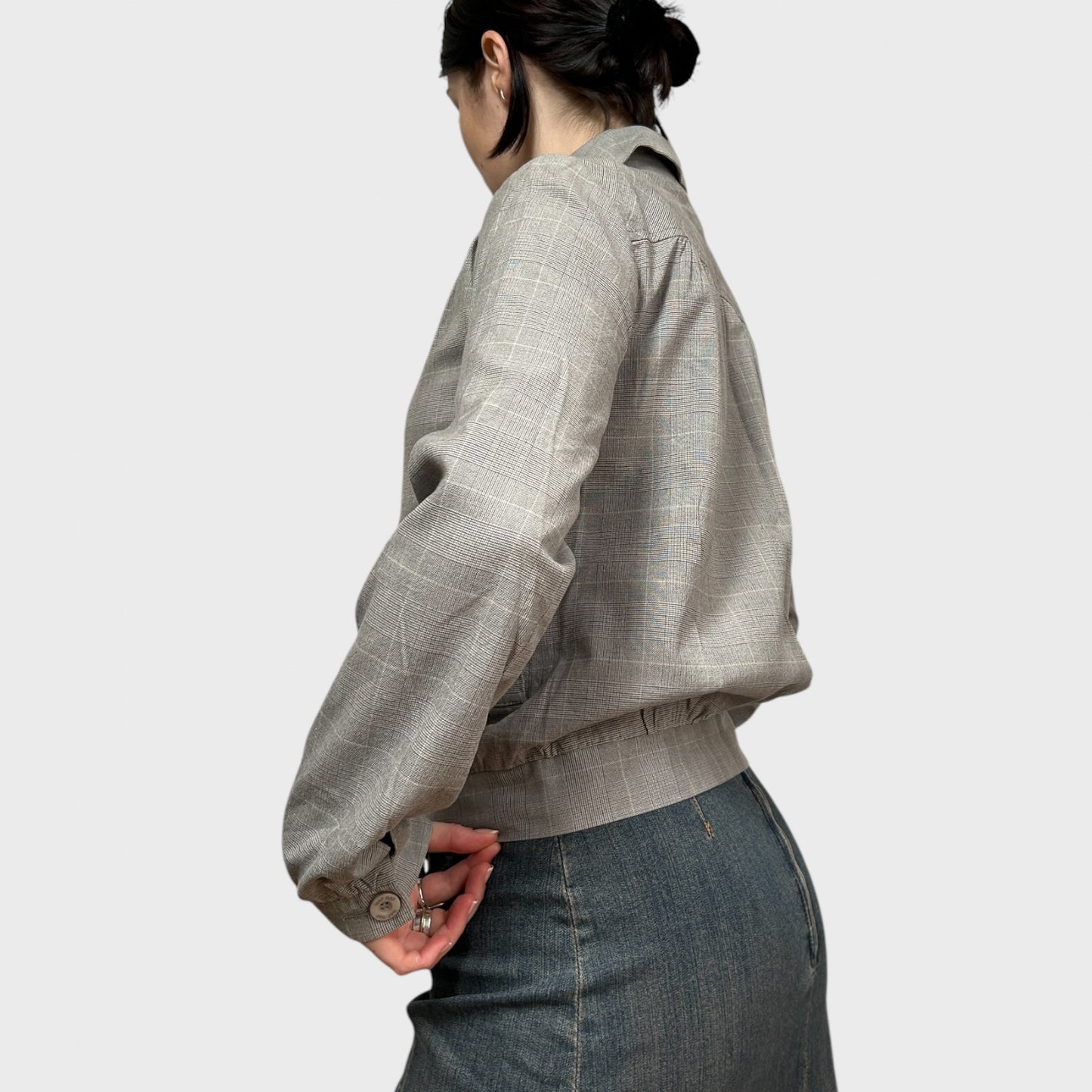 Grey Checkered Zip-Up Collared Bomber Jacket