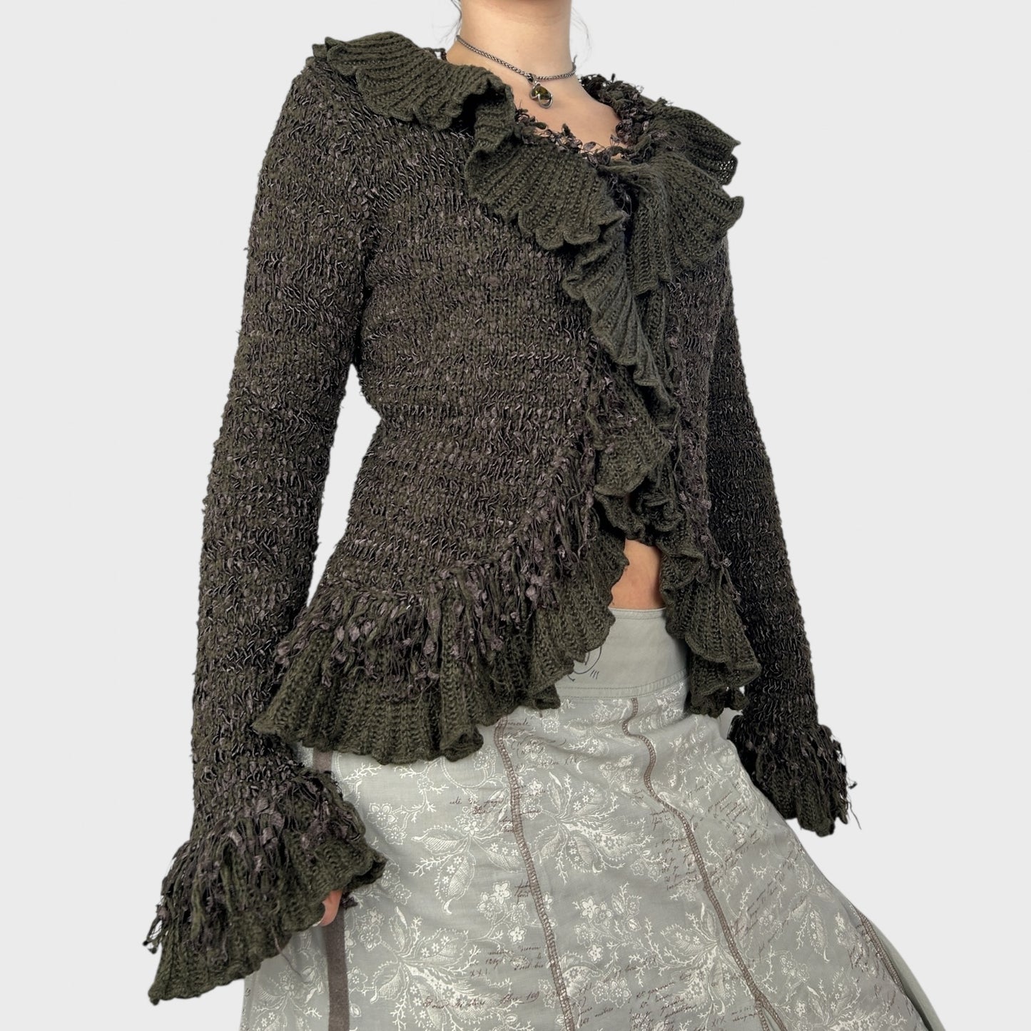 Brown Frilly Knit Cardigan - S