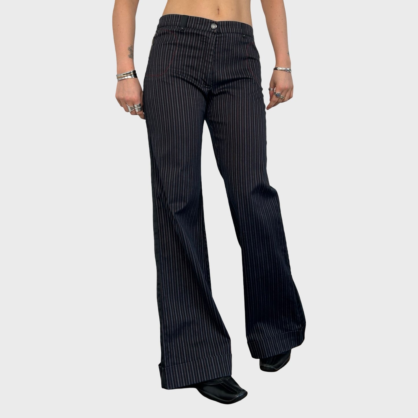 Cop Copine Navy Pinstripe Wide Leg Trousers - M/L