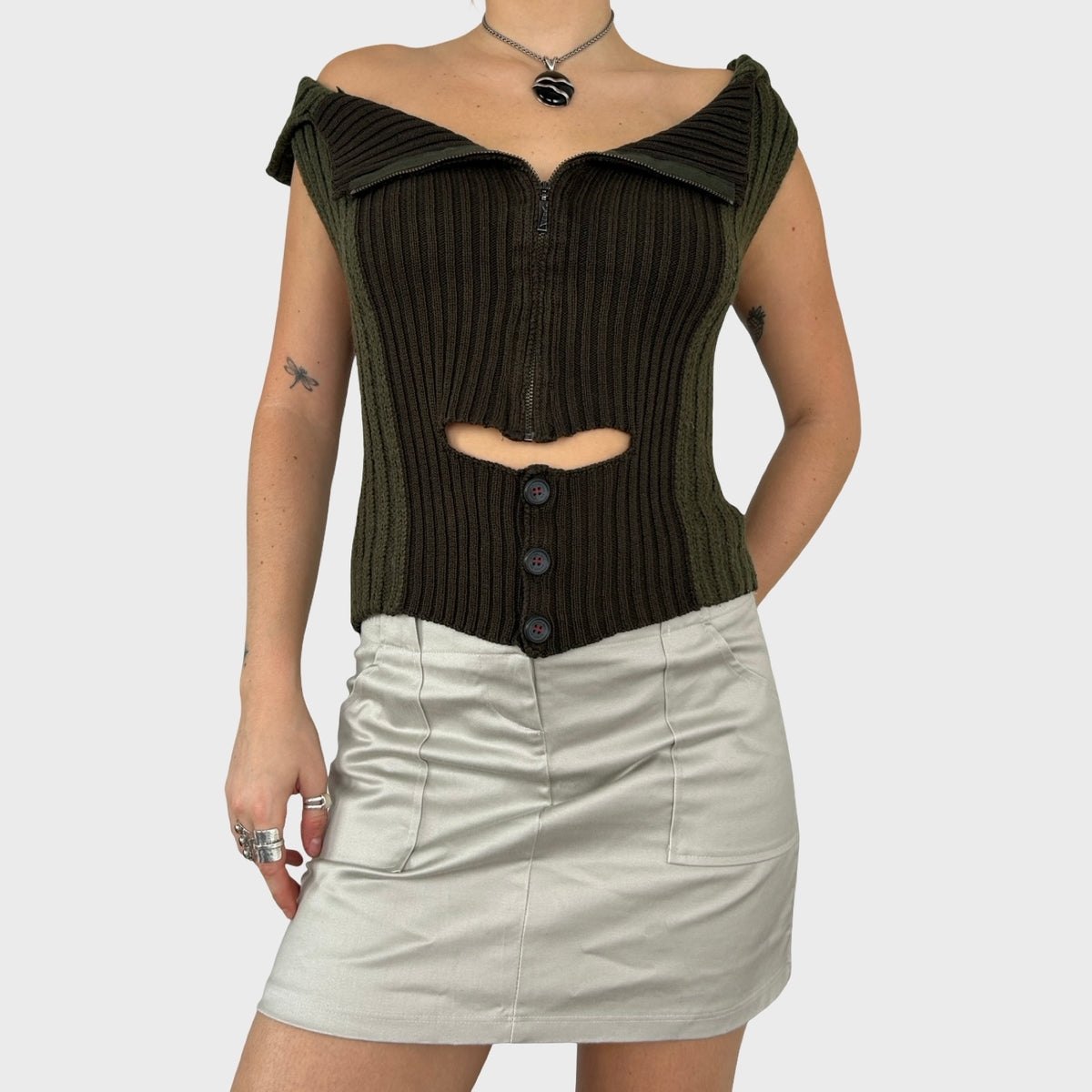 Cop Copine Khaki Zip Button Knit Top - L