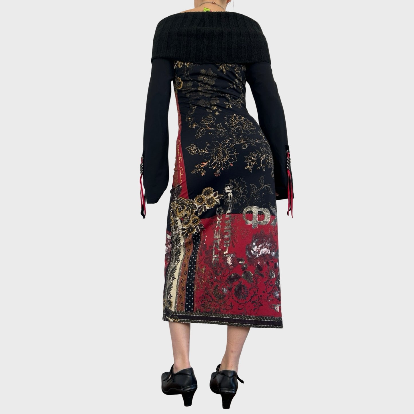 Rare 90s Archive Save The Queen Graphic Off-The-Shoulder Midi Dress - M