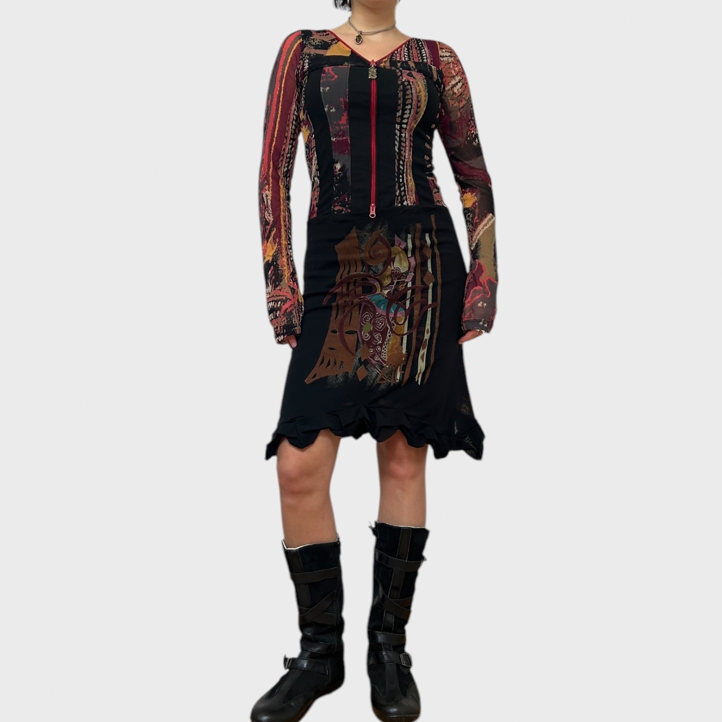 Save the Queen Graphic Print Mesh Zip-Up Dress