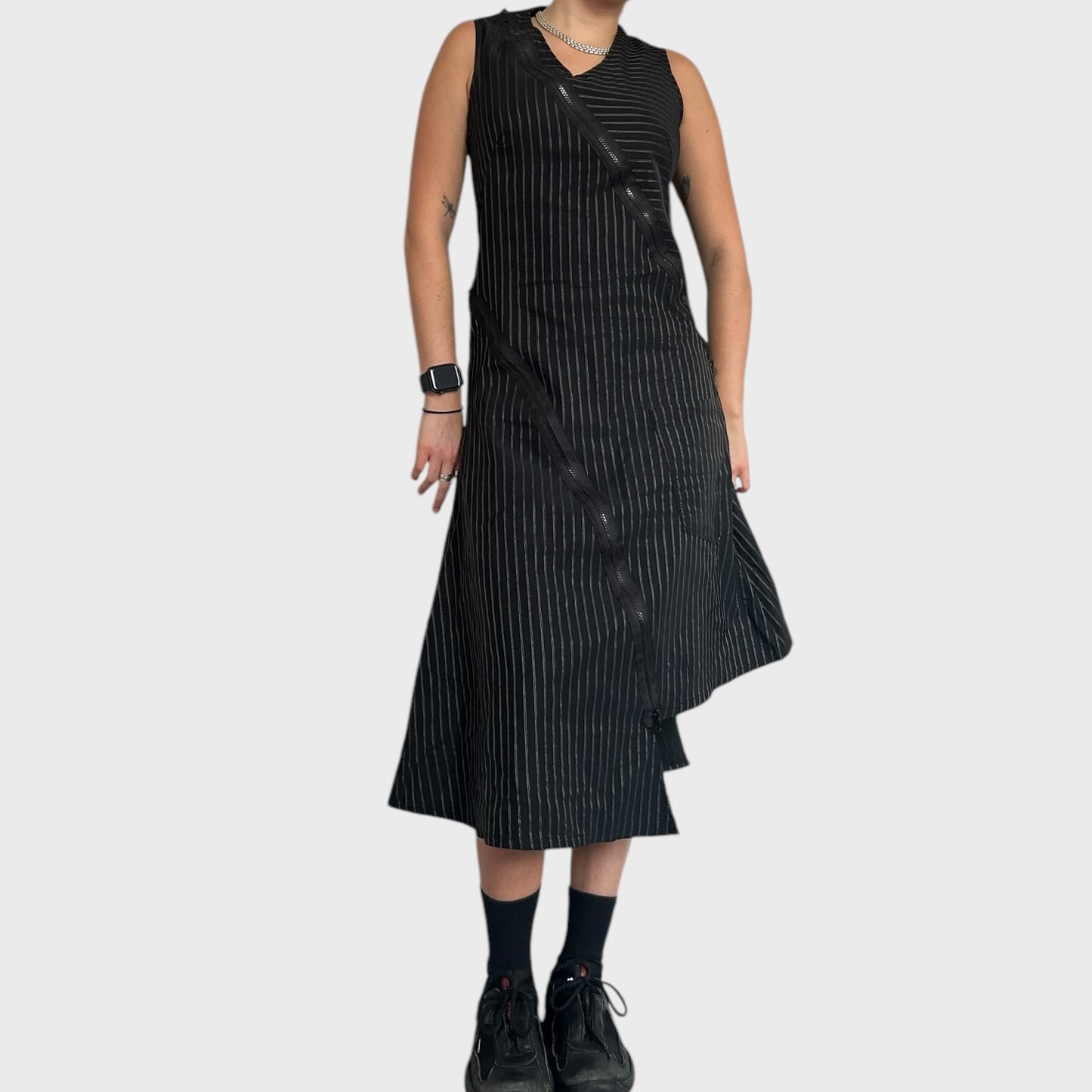 Archival pinstripe asymmetrical midi dress