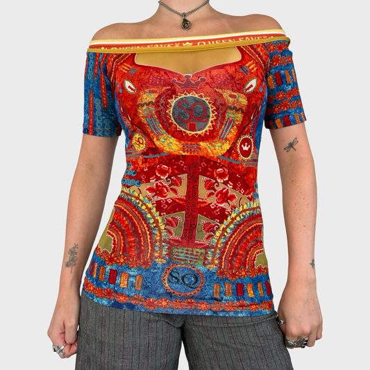 Save The Queen Graphic Off Shoulder Mesh Top - S