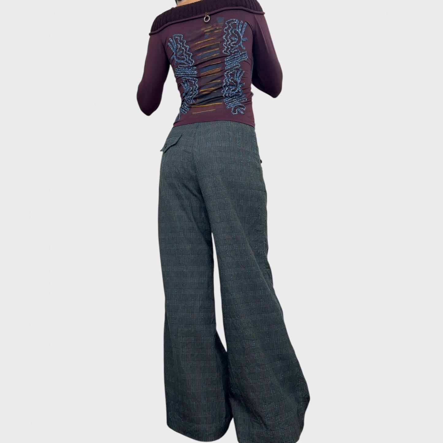 Cop Copine Grey and Blue Wide Leg Trousers - S/M
