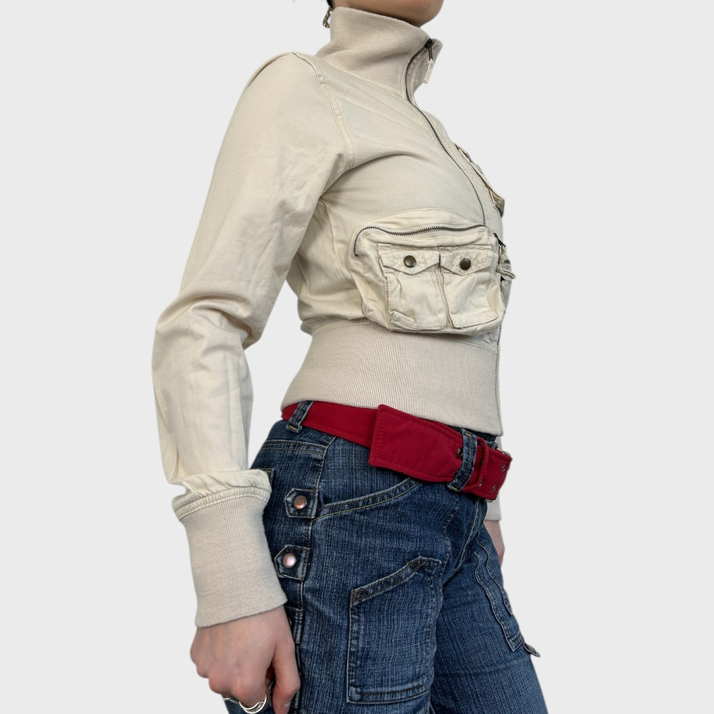 Vintage Beige Pocket Zip-Up Jacket - S