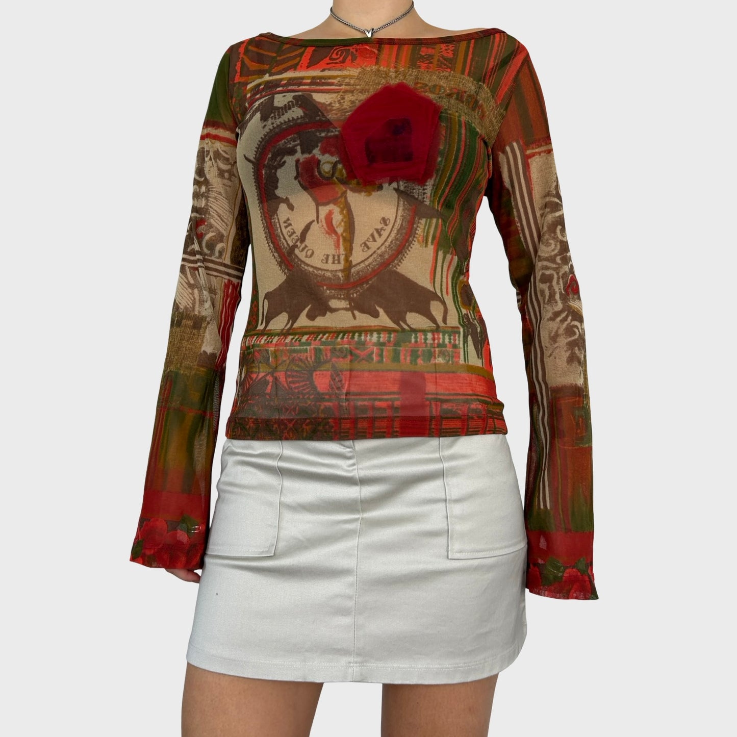 Save The Queen Red Graphic Print Mesh Long Sleeve Top - M/L