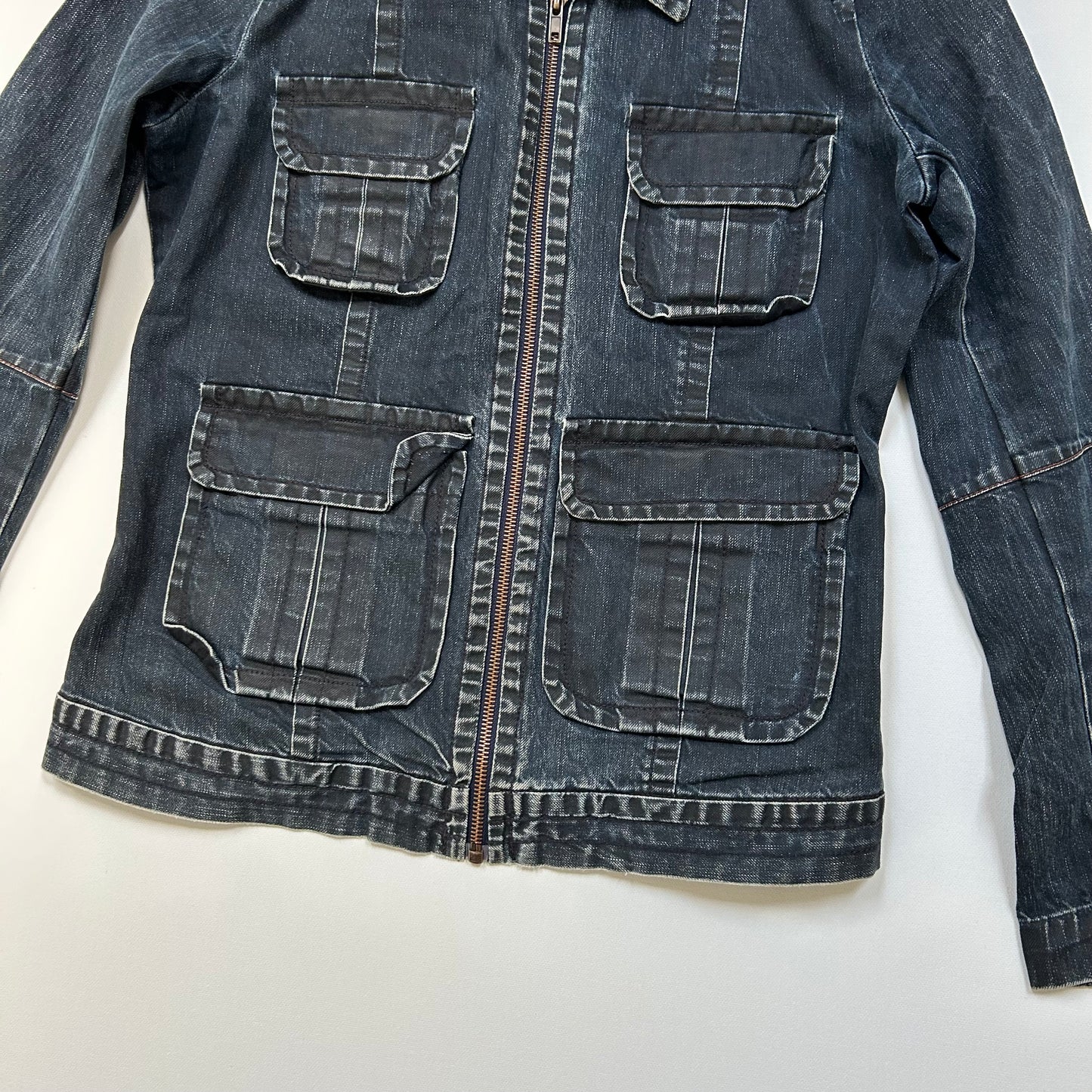 Denim Zip-Up Distressed Collared Jacket