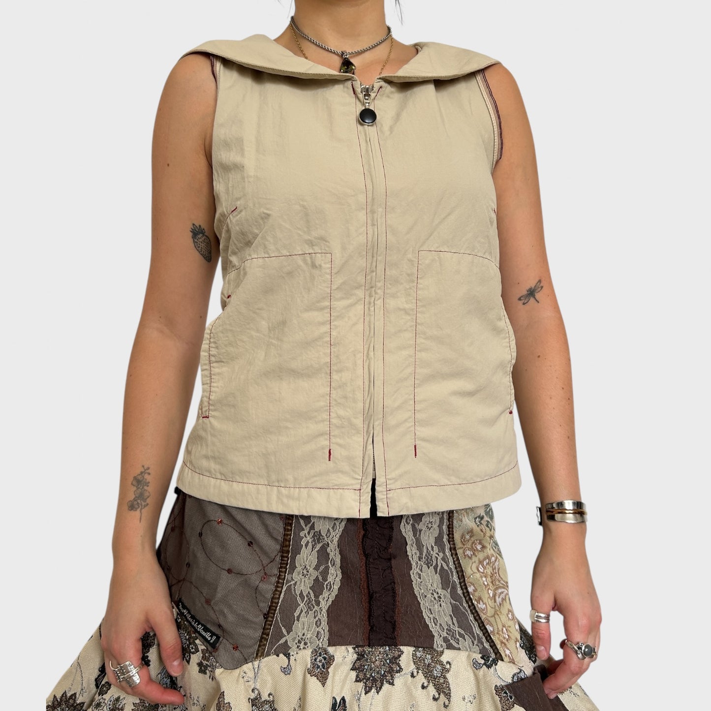 Cop Copine Beige Zip-Up Sleeveless Jacket - Size M