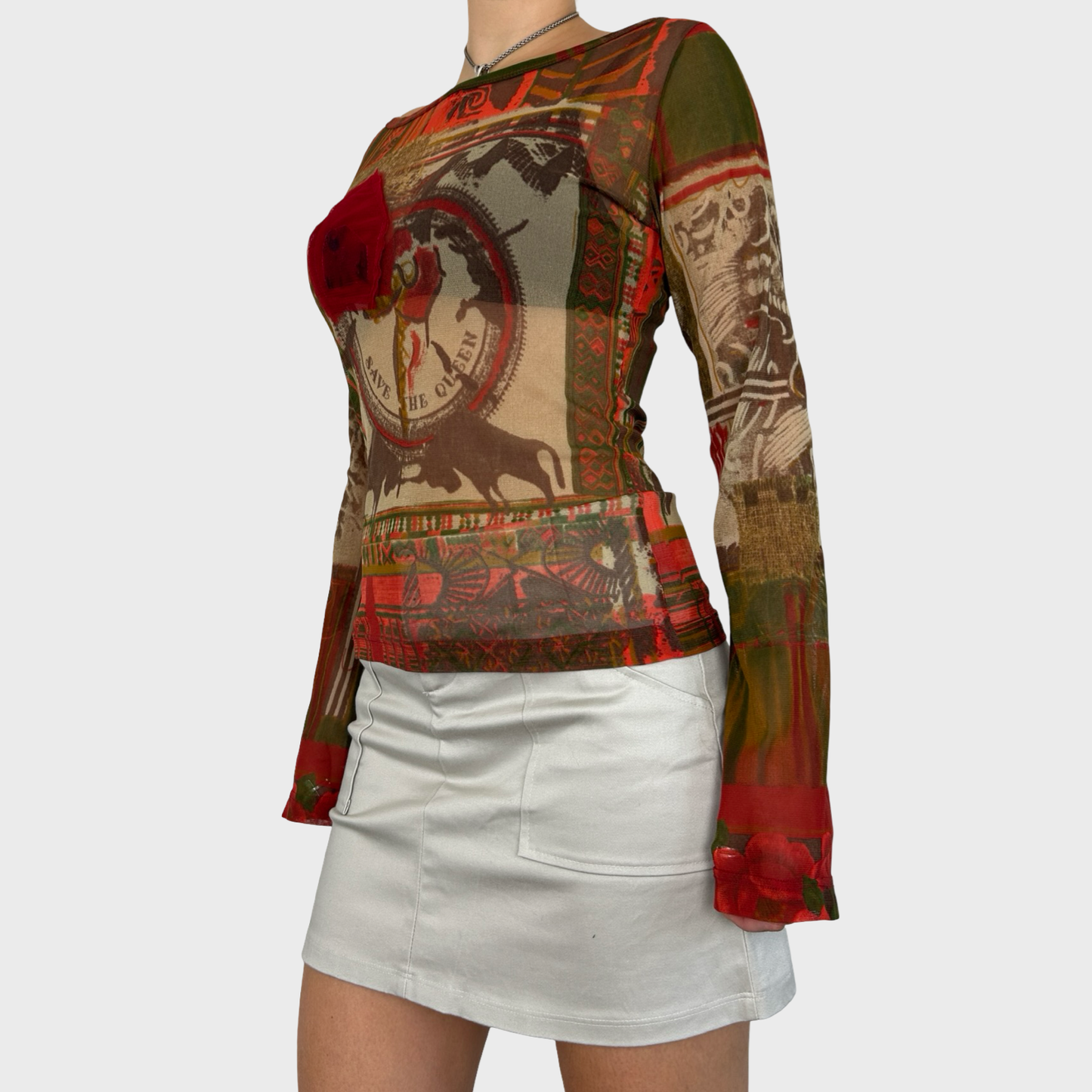 Save The Queen Red Graphic Print Mesh Long Sleeve Top - M/L