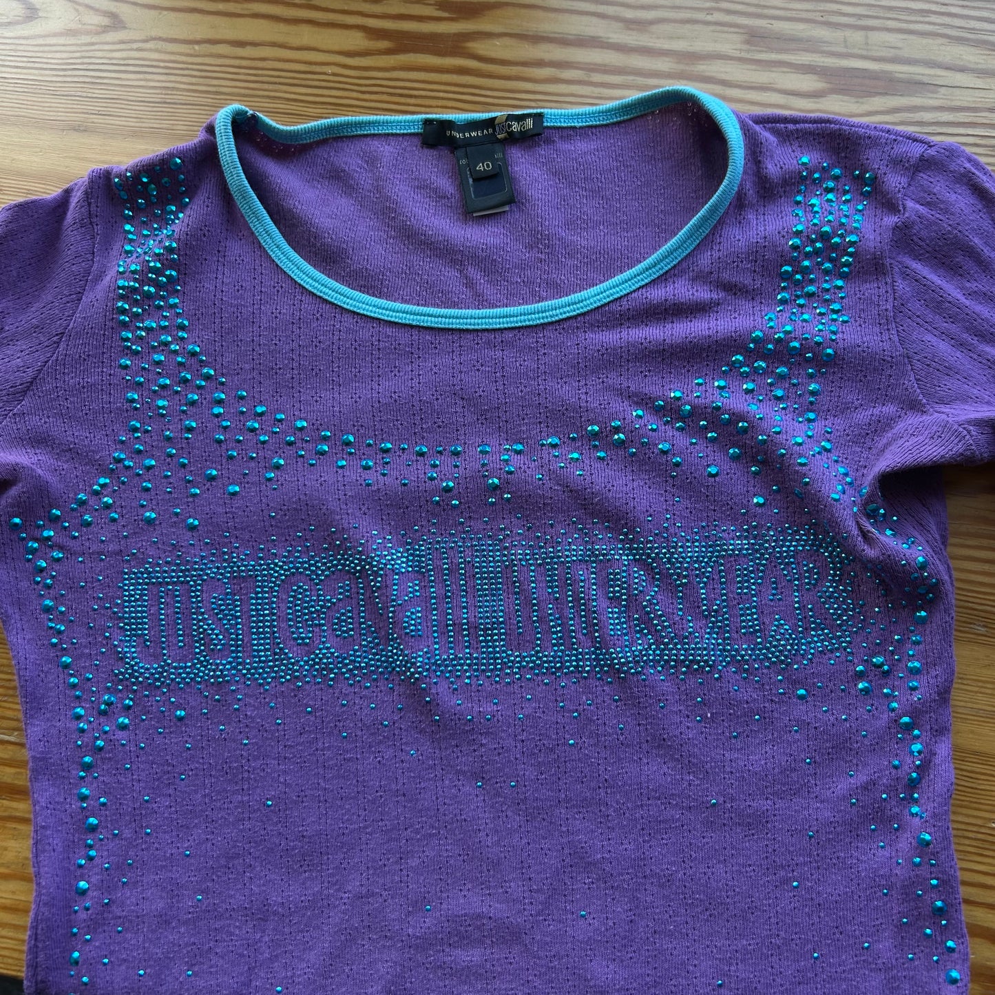 Roberto Cavalli Pointelle Knit Diamante Logo Top - S