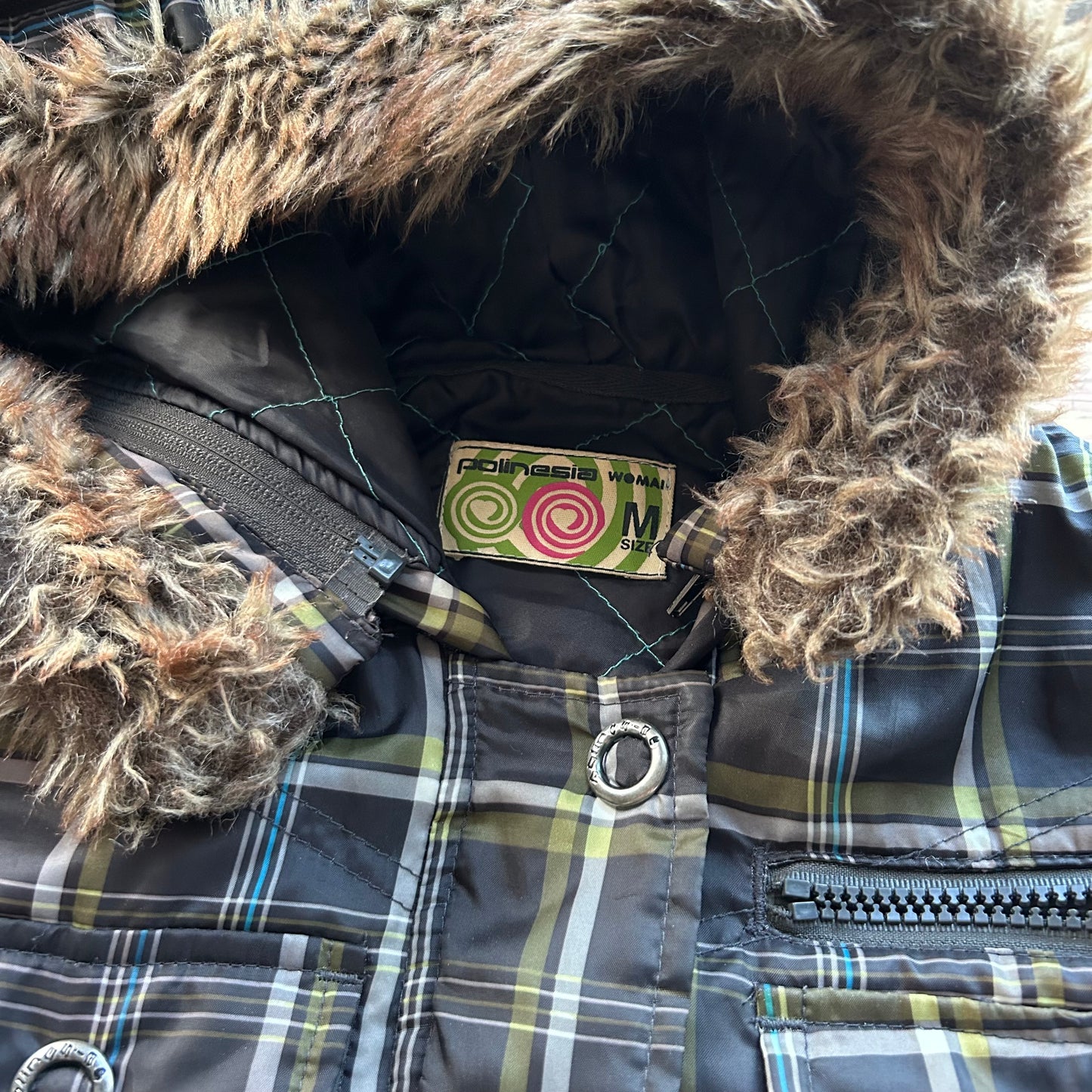 Vintage Checkered Bomber Jacket with Hood - M