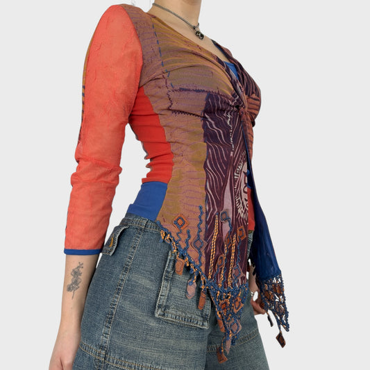 Save The Queen Graphic Mesh Split Hem Top - S