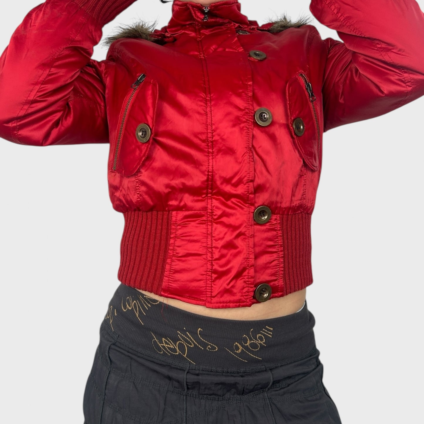 Red Cropped Bomber Jacket with Faux Fur Hood - S