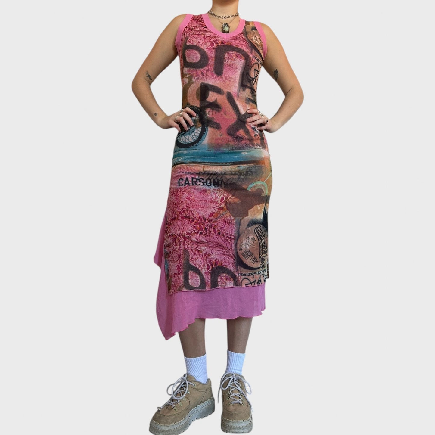 Pink Graphic Vintage Mesh Midi Dress