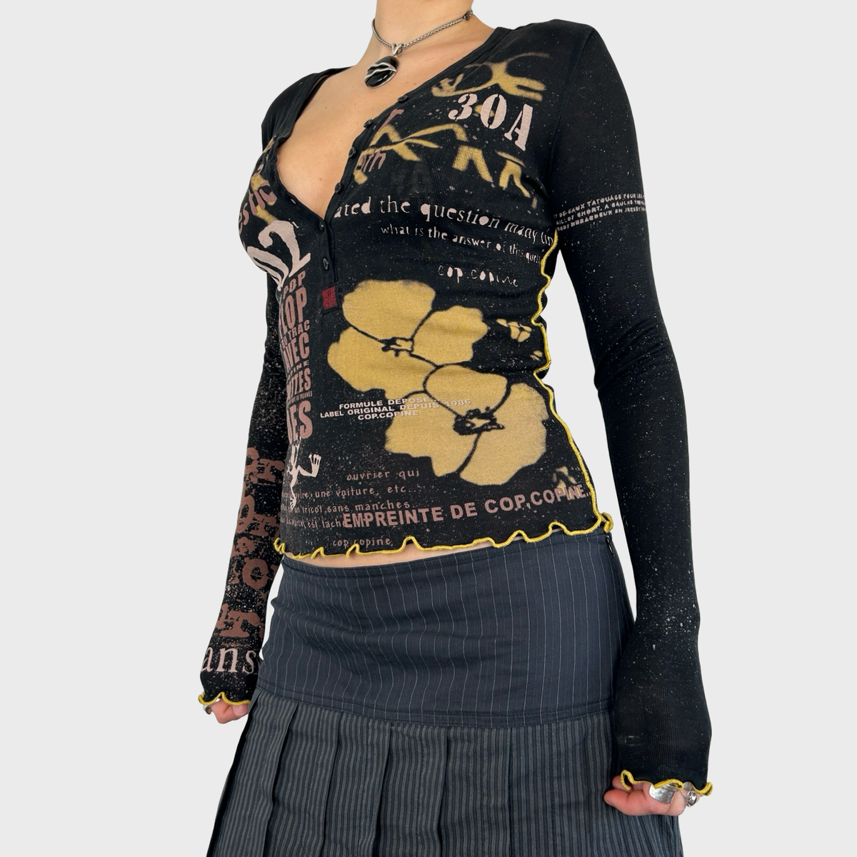 Cop Copine Graphic Print Henley Long Sleeve Top - S