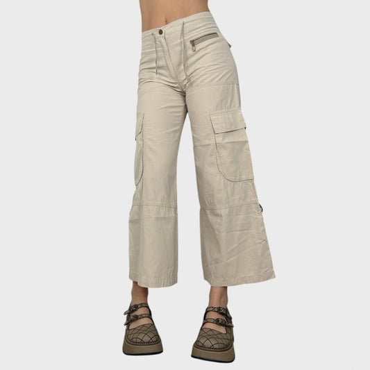Cop Copine Beige Lightweight Wide Leg Cargo Trousers - S