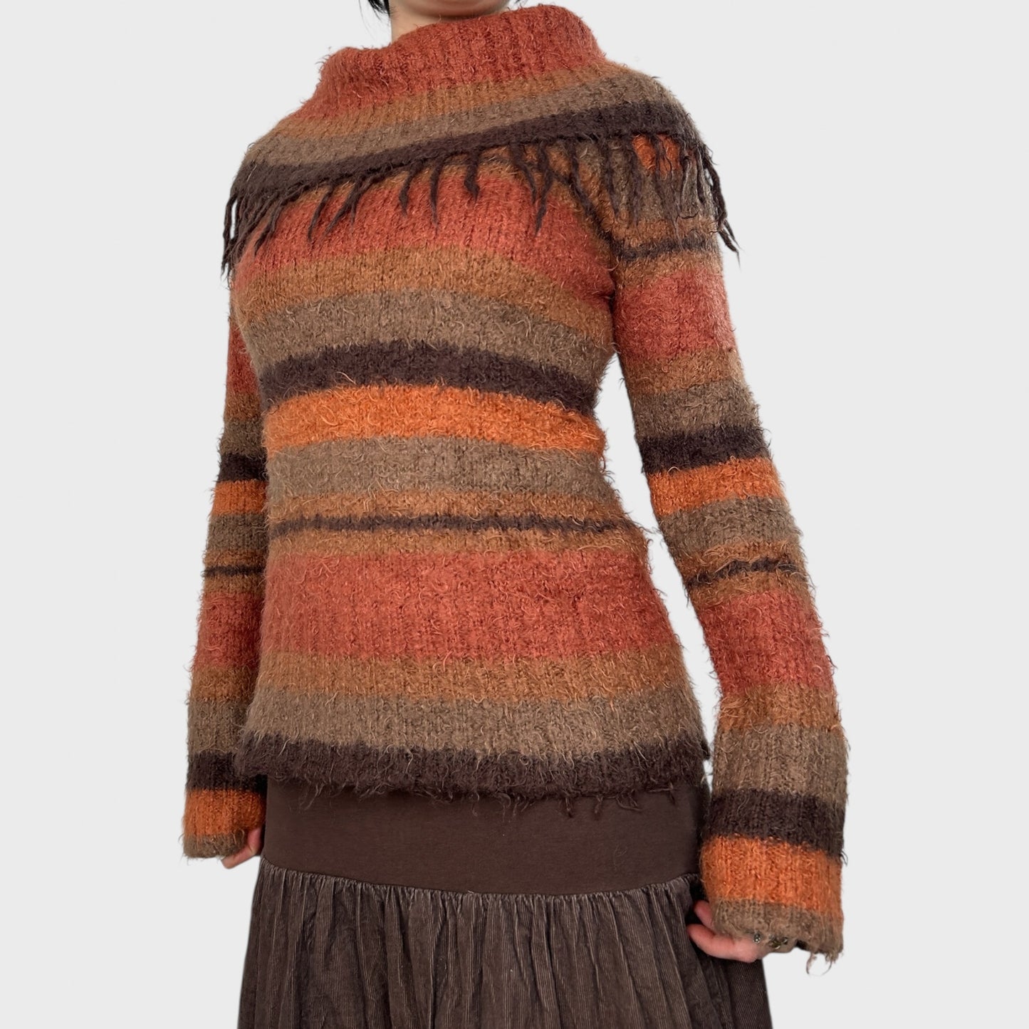 Orange Striped Wide Neck Knit Jumper - S