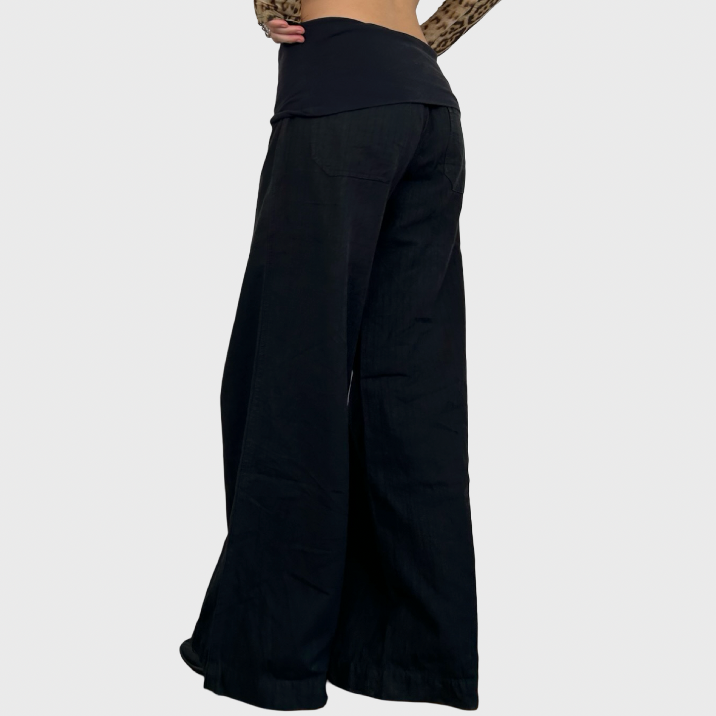 Cop Copine Black Foldover Waist Wide Leg Trousers - L