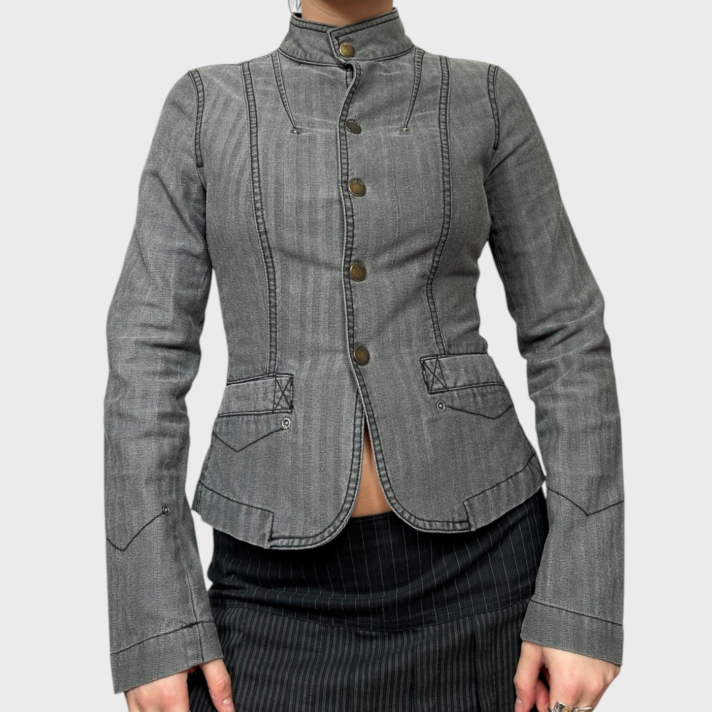 Vintage Grey Fitted Button High Neck Jacket
