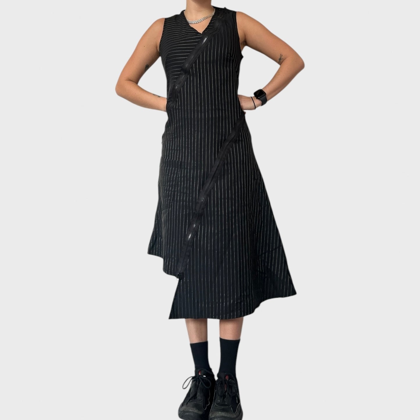 Archival pinstripe asymmetrical midi dress