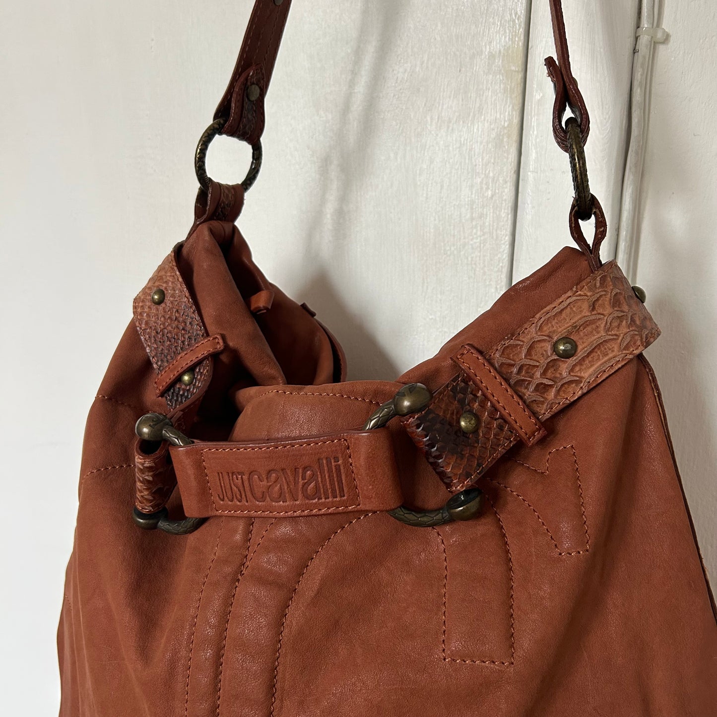 Roberto Cavalli 2000s Tan Leather Logo Shoulder Bag