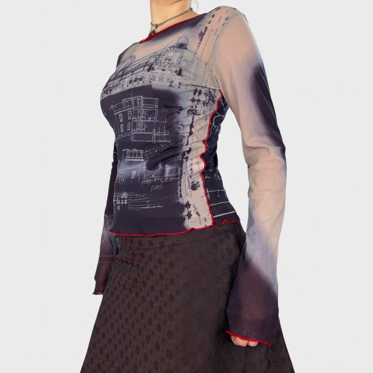 Cop Copine Graphic Paris Print Long Sleeve Mesh Top - S/M