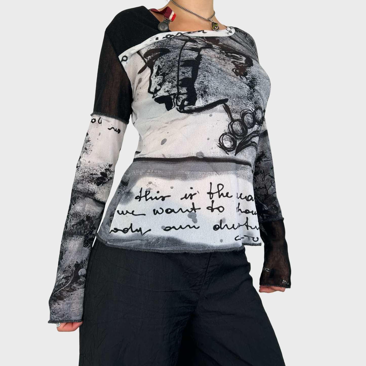Vintage Graphic Print Long Sleeve Mesh Top - L/XL