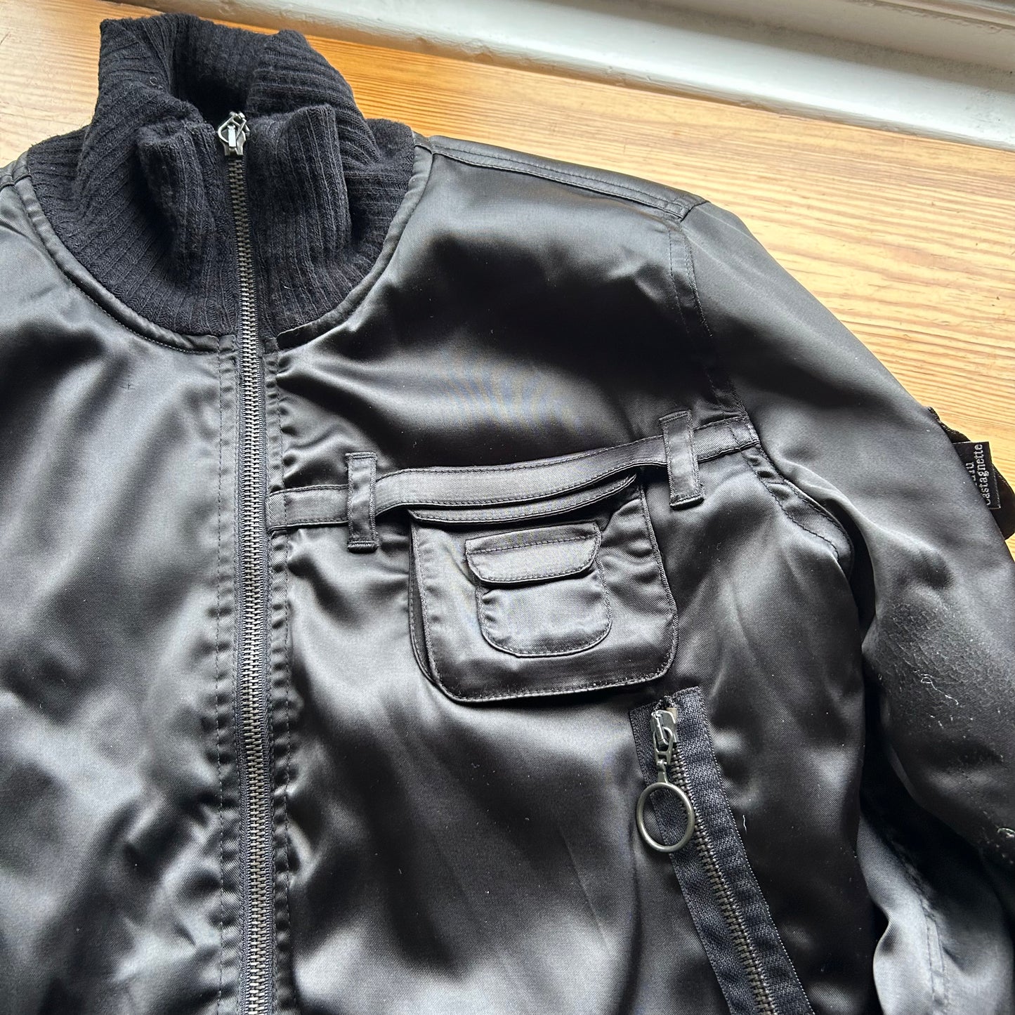 Black Satin-Look Bomber Jacket - L