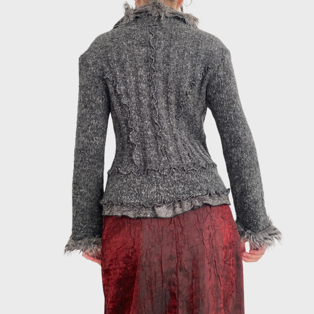 Whimsical goth grey faux fur collar knit cardigan