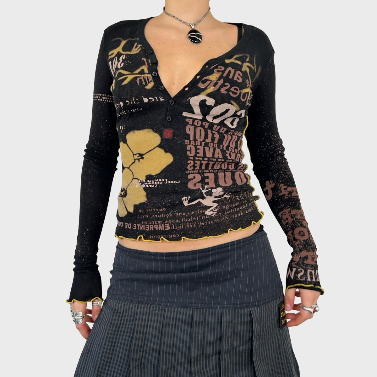 Cop Copine Graphic Print Henley Long Sleeve Top - S