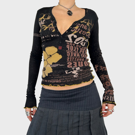 Cop Copine Graphic Print Henley Long Sleeve Top - S
