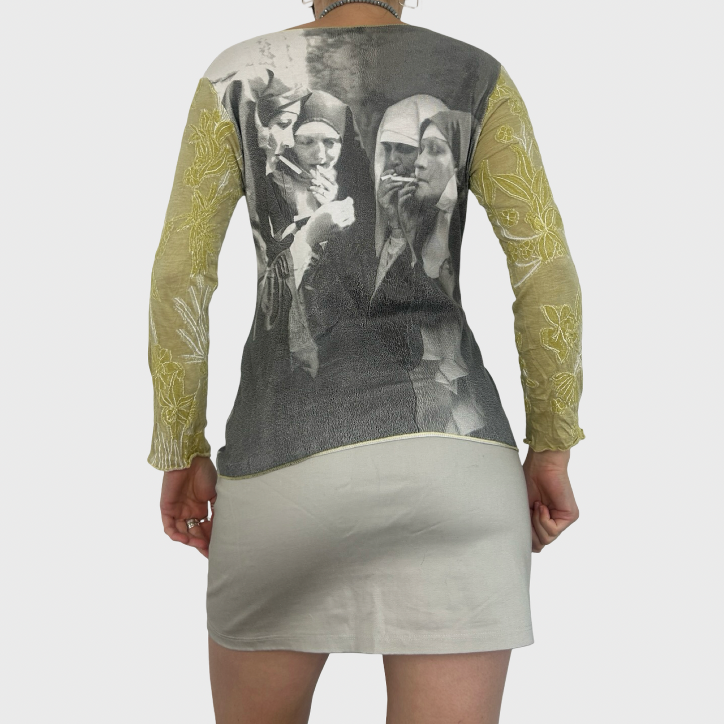 Vintage Graphic Nun Print Long Sleeve Top - M