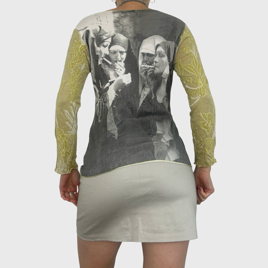 Vintage Graphic Nun Print Long Sleeve Top - M