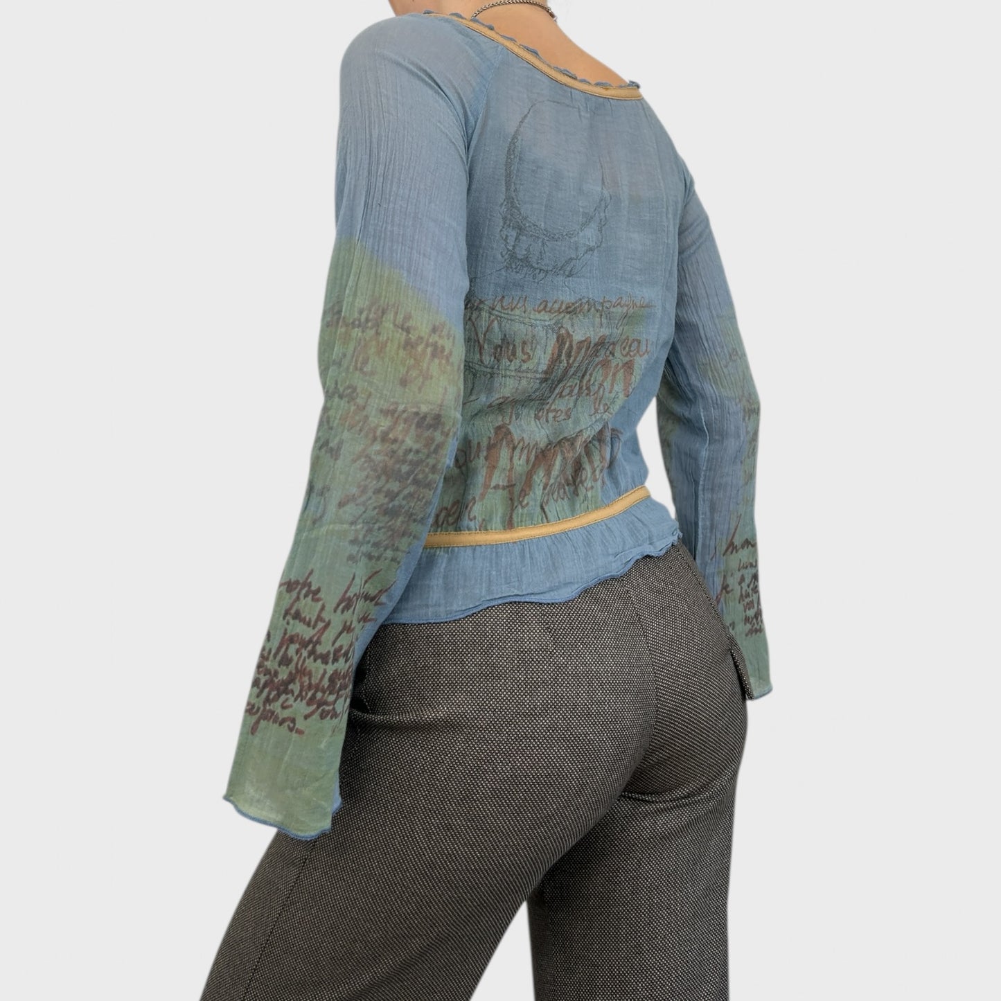 Cop Copine Blue Sheer Renaissance Portrait Print Top - S