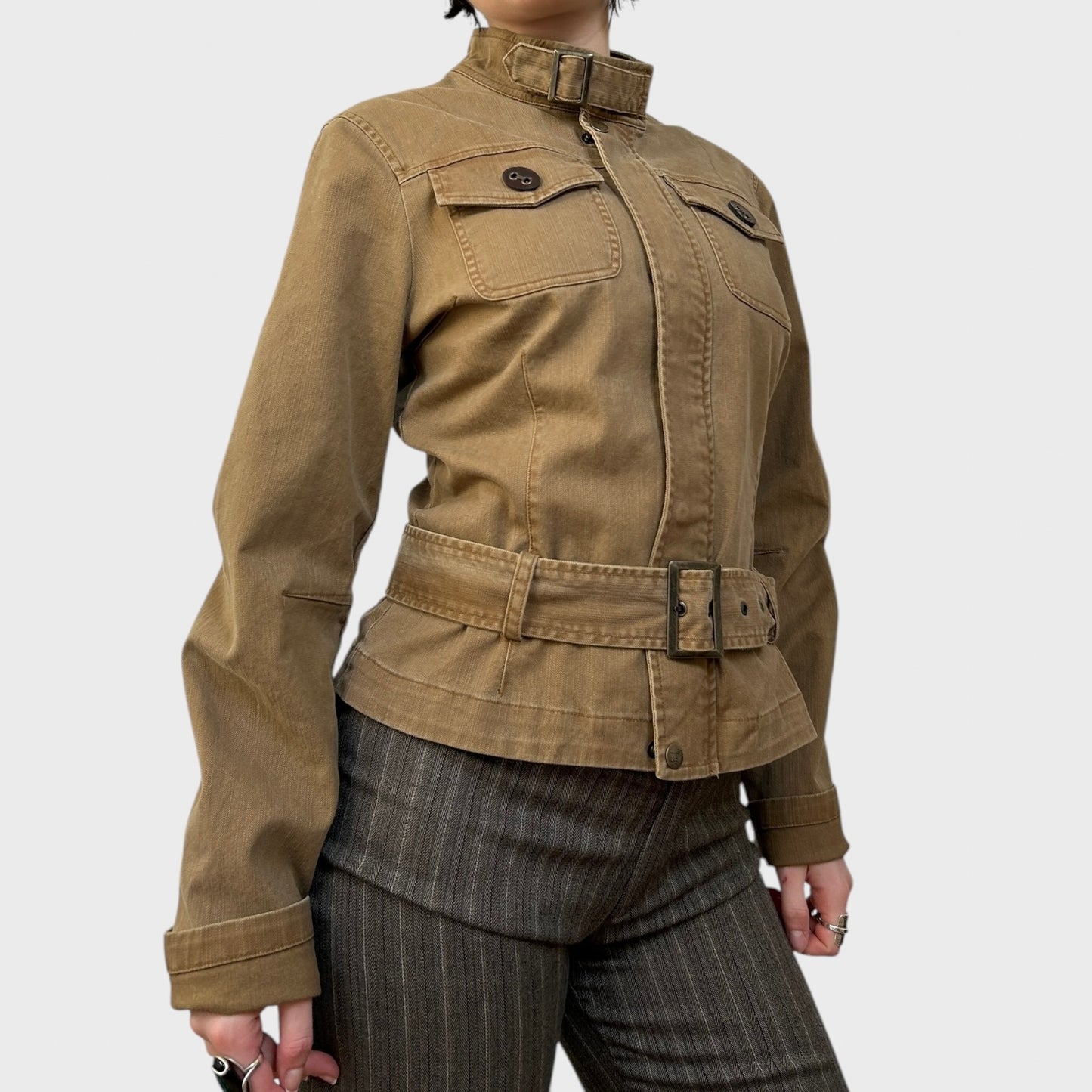 Tan Zip-Up Jacket with Buckle Details