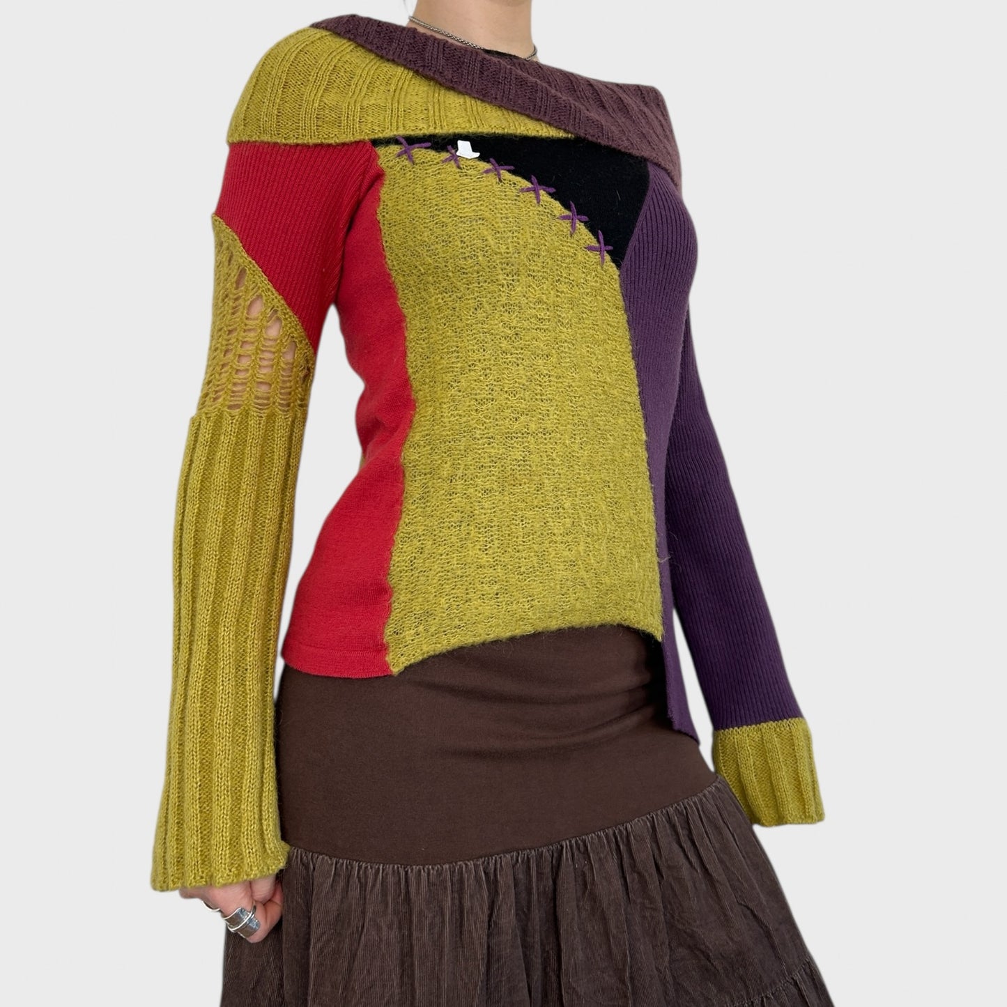 Save the Queen Block Colour Wide Neck Knit Jumper - M/L