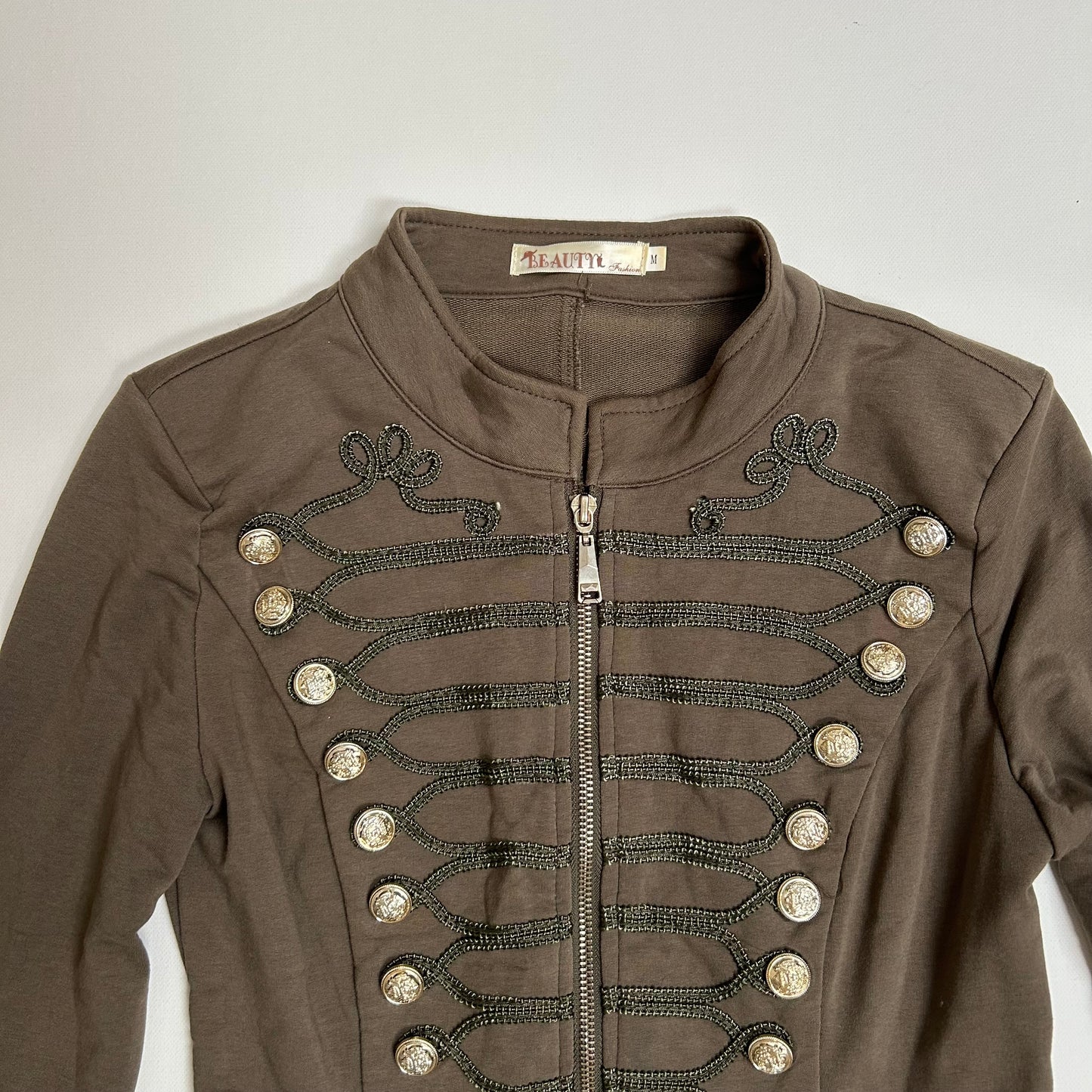 Khaki Military Style Button Zip Up Top/Jacket