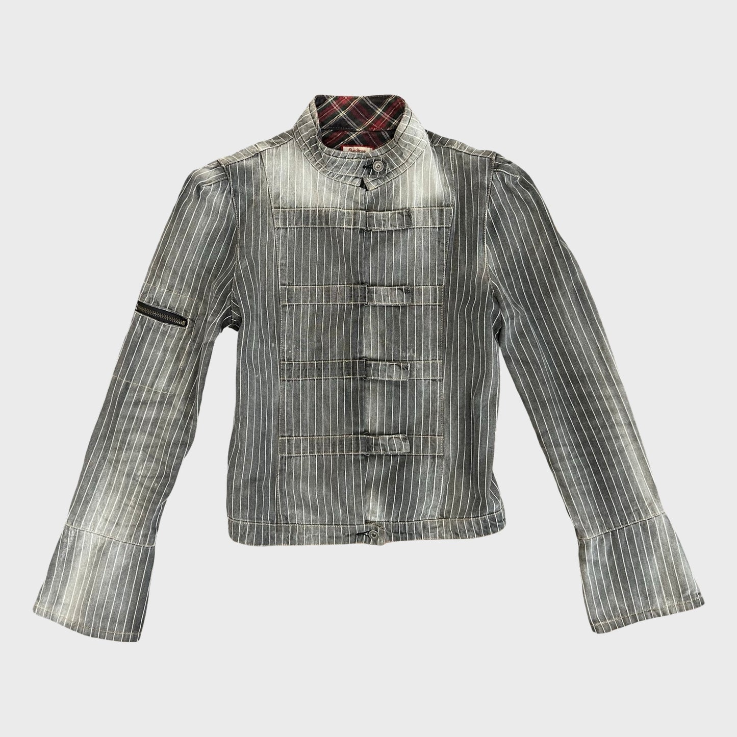 Vintage Grey Faded Striped Denim Jacket - M