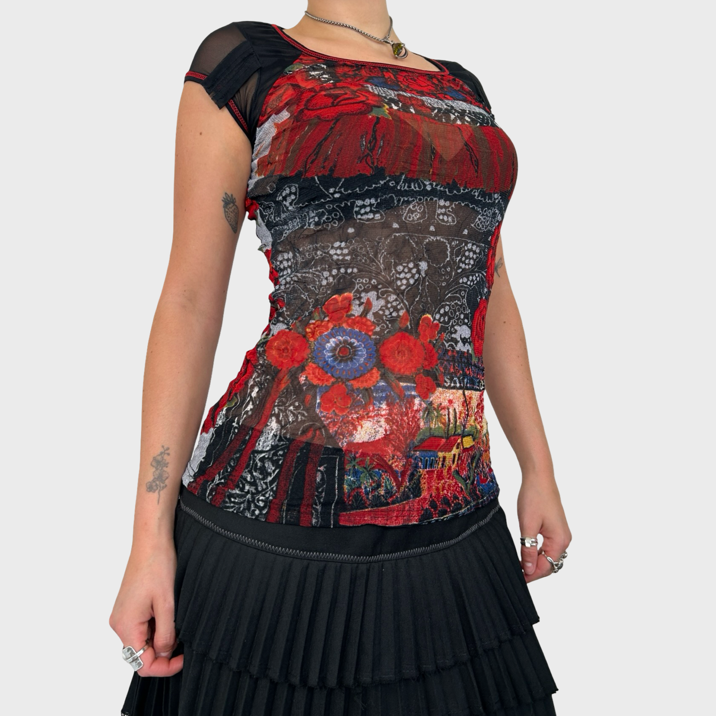 Save The Queen Red Graphic Mesh Short Sleeve Top - S