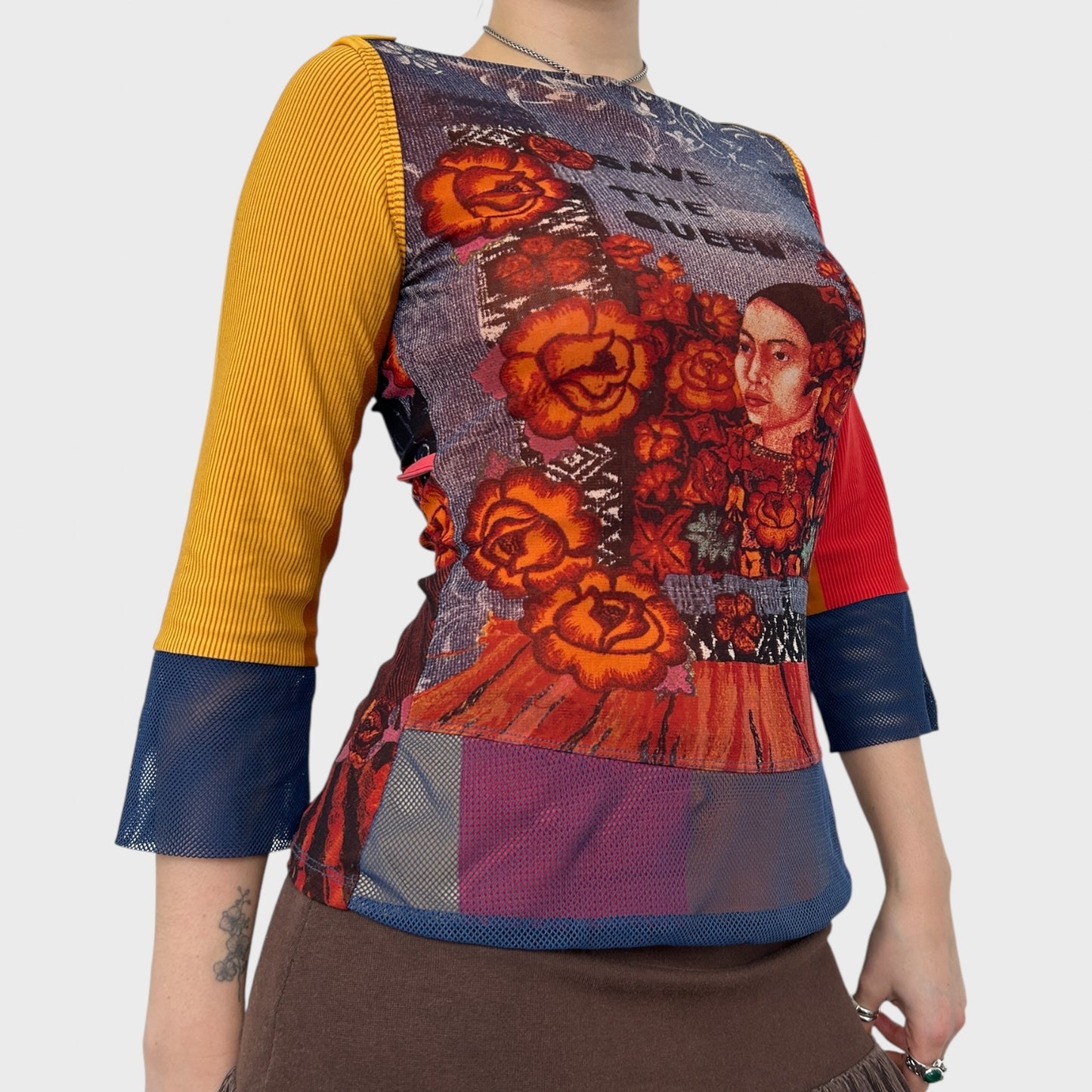 Save the Queen Graphic Face Print Mesh Top - S/M