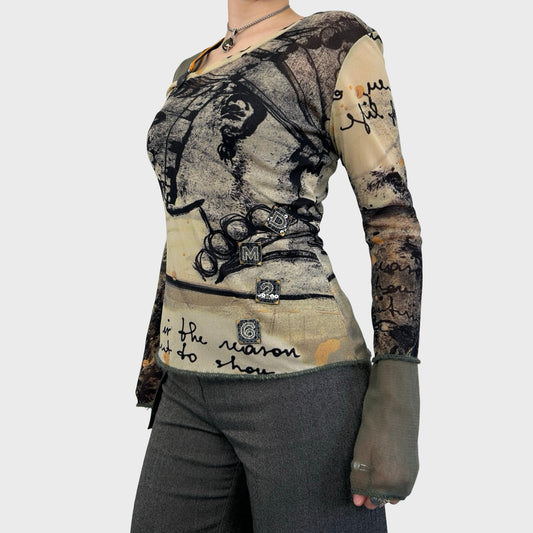 Vintage Graphic Face Print Mesh Long Sleeve - S/M