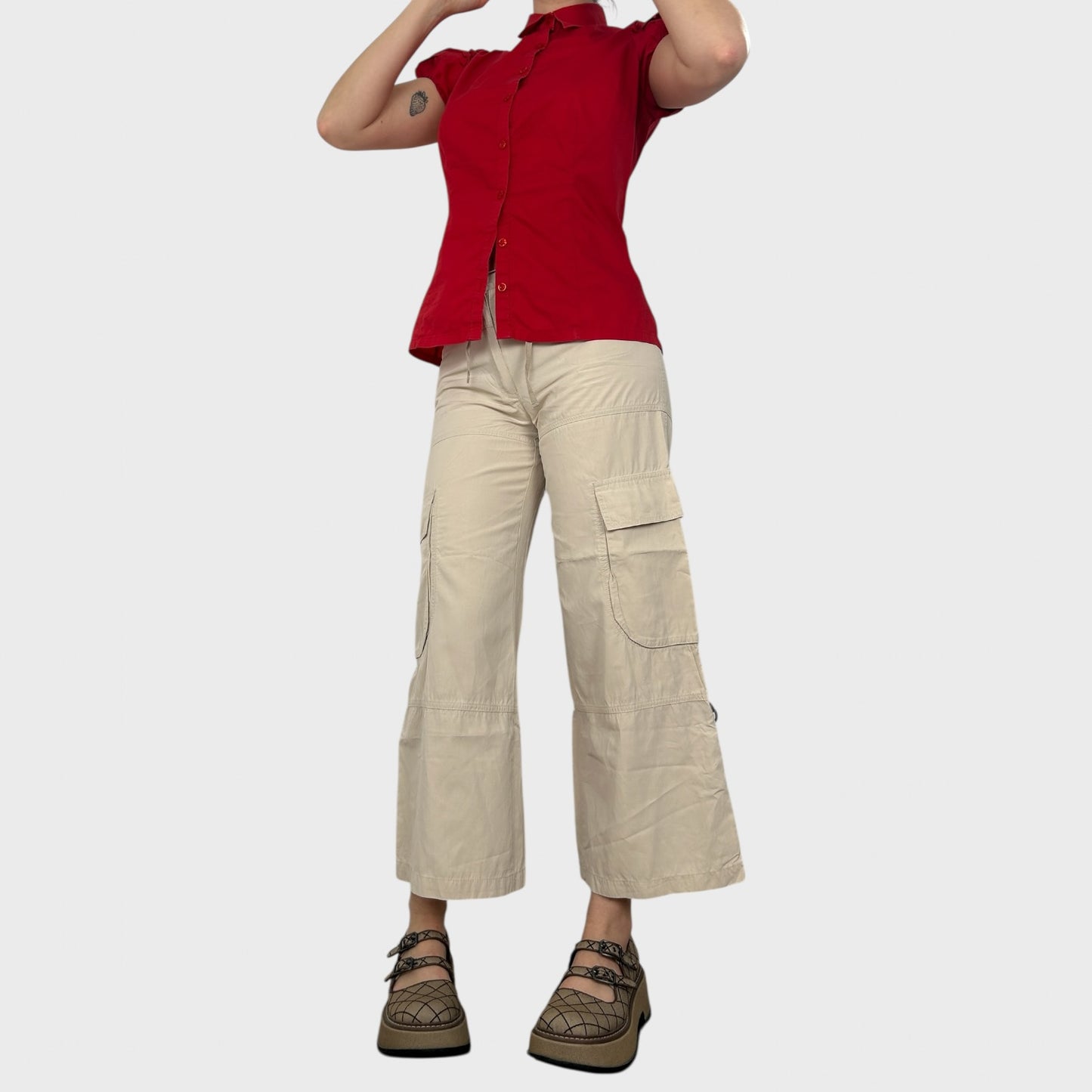 Cop Copine Beige Lightweight Wide Leg Cargo Trousers - S