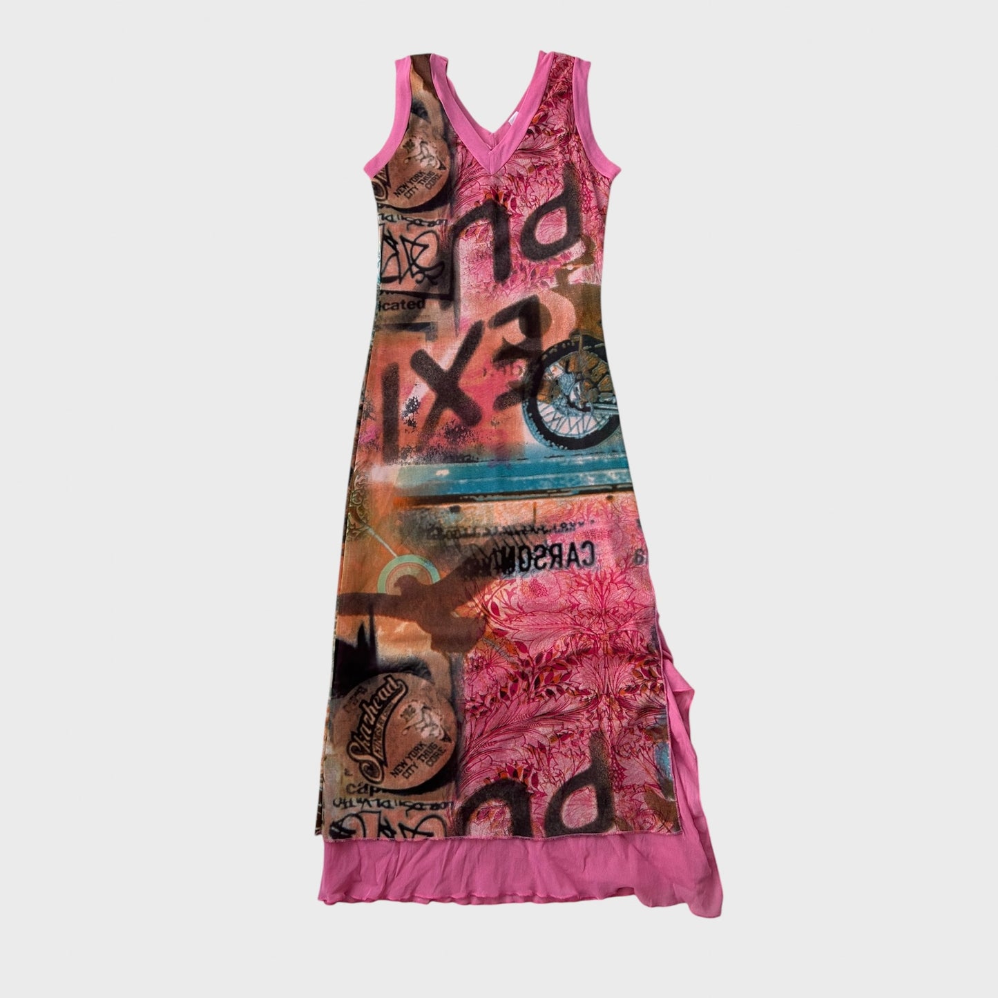 Pink Graphic Vintage Mesh Midi Dress