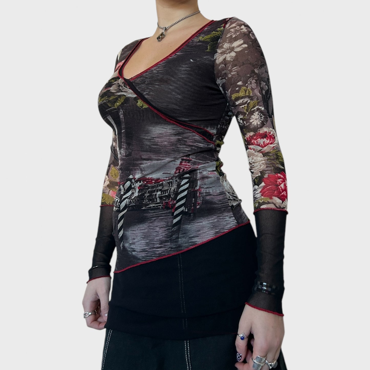 Asymmetrical floral mesh longsleeved top