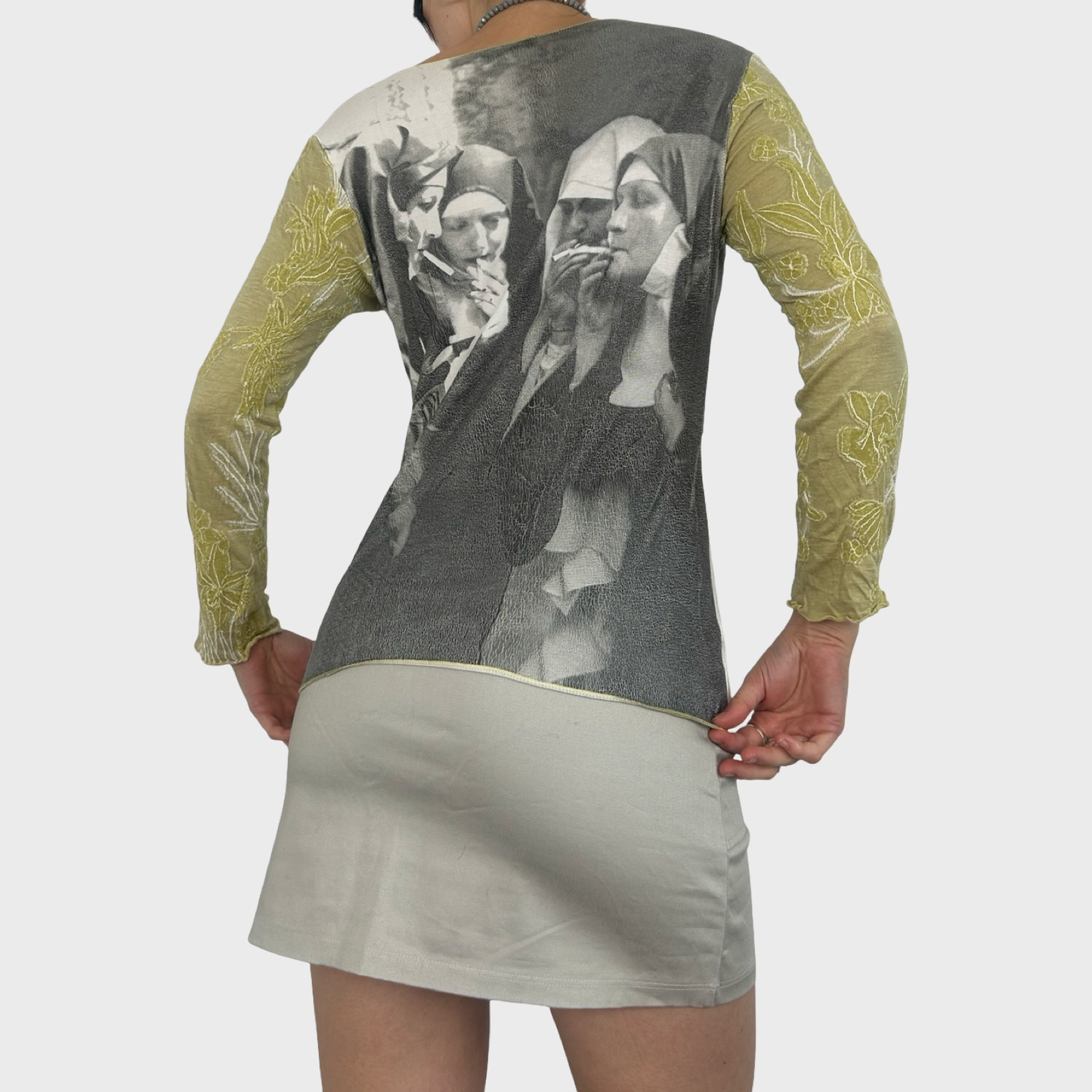 Vintage Graphic Nun Print Long Sleeve Top - M
